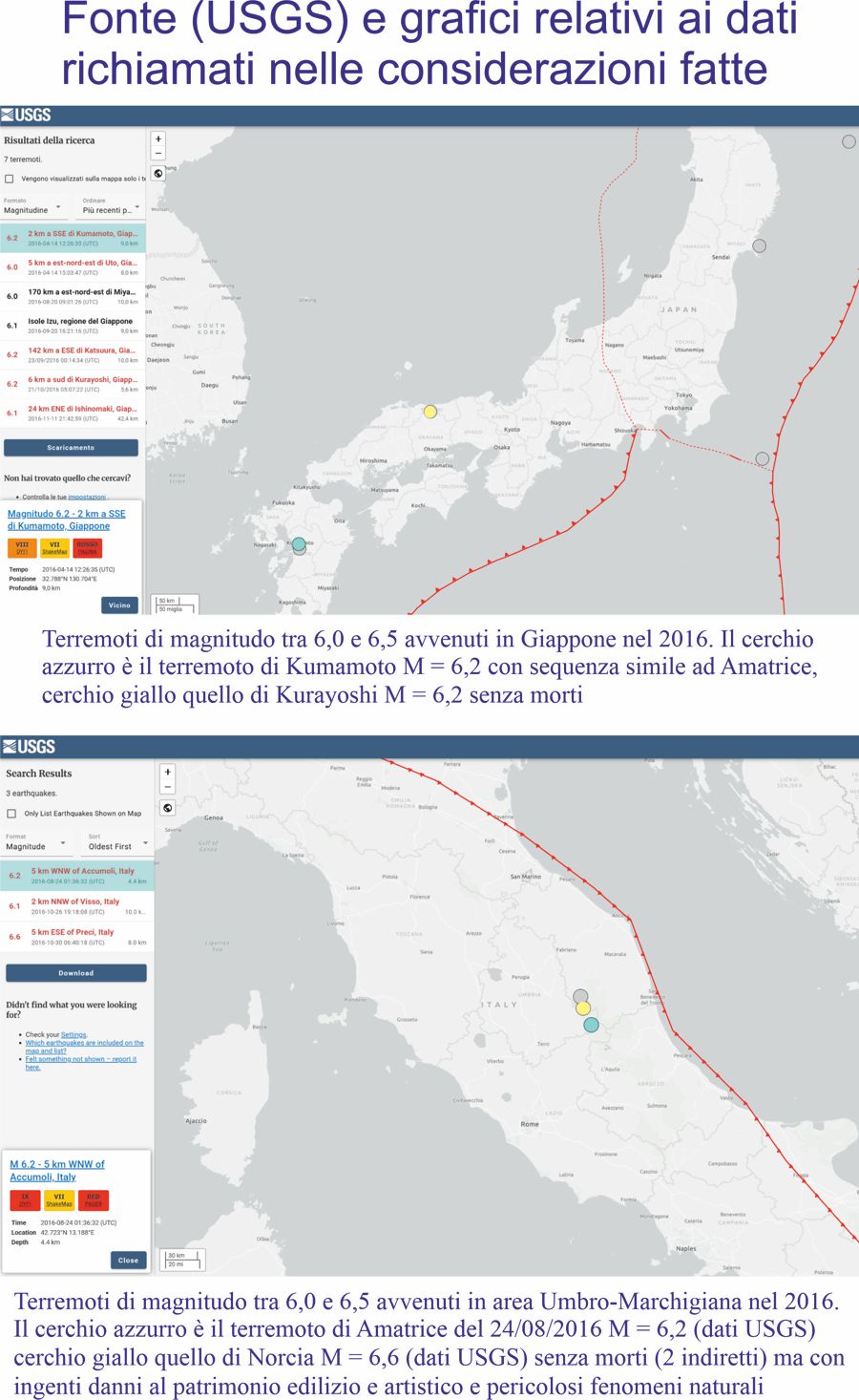 Mappe e fonti terremoti Amatrice e Giappone